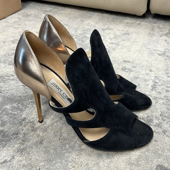 Jimmy Choo Black Suede Gold Toysen d’Orsay Leather Pumps Booties Sz 40 - Picture 5 of 15